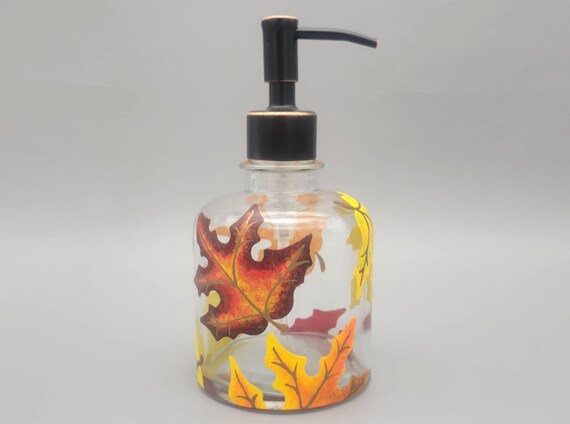 Fall Maple Leaf Glass Soap or Lotion Dispenser - Hand Painted - Colorful Autumn Leaves - Bathroom or Kitchen Decor