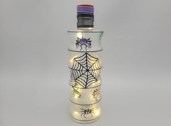Cute Halloween Spiders & Web Lighted Bottle - Hand Painted - Upcycled - Fairy Lights - Spooky, Party Décor