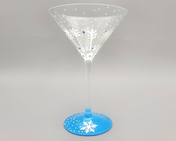 Snowflake Martini Glass - Hand Painted - White Snow Flakes, Sparkly Blue Base - Winter Cocktail Glasses