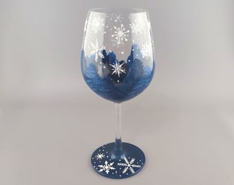 Snow Falling on a Winter Night - Hand Painted Wine Glass - Snowflakes, Pine Trees, Christmas Theme