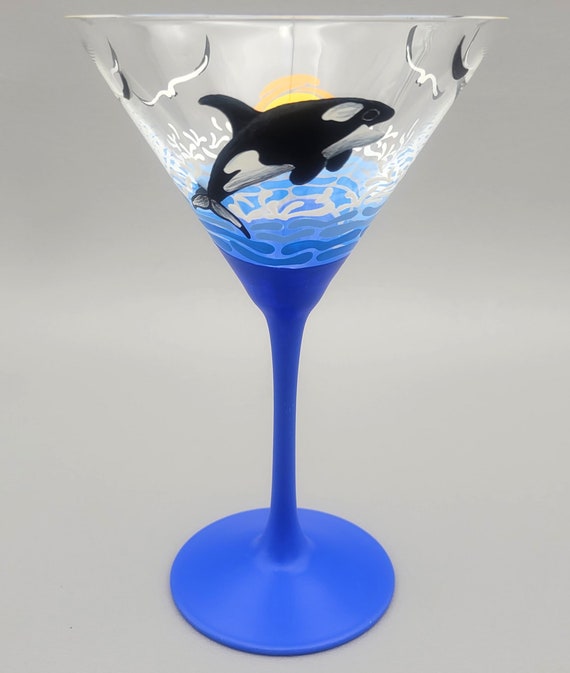 Orca Martini Glass Hand Painted Killer Whale Jumping Sunset Waves, Ocean,  Tropical 