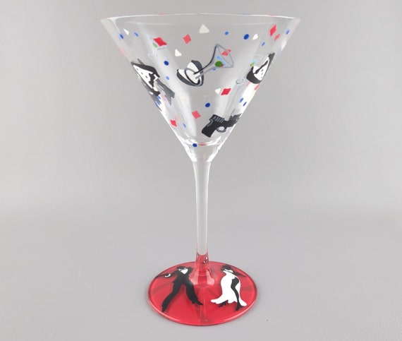Spy Themed Martini Glass - Hand Painted - Pistol, Black Tie, Martinis - Adventure and Fun!