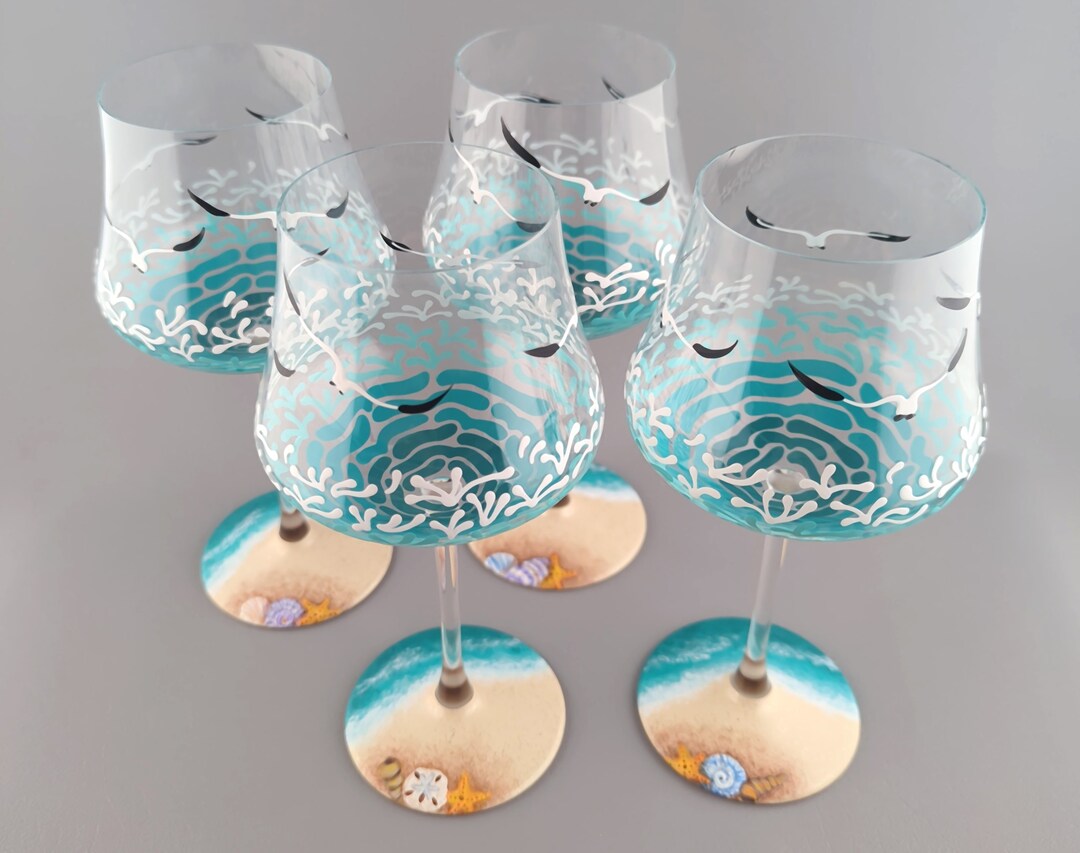 Beach Scene Wine Glass Set 4 Wine Glasses Waves, Seagulls, Sparkly Sand