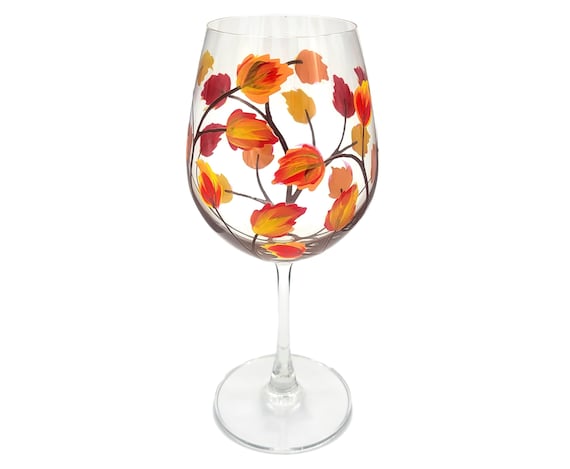 Swaying Fall Leaves Wine Glass - Hand Painted - Autumn Colors, Orange, Red, Yellow - Thanksgiving Wine Glasses