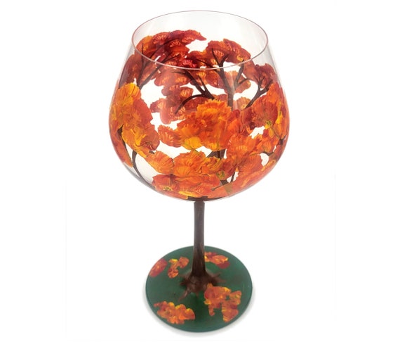 Autumn Tree Wine Glass - Fall Leaves - Hand Painted - Stemmed - Red, Yellow, Orange Leaf - Thanksgiving Dinner