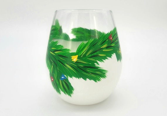 Christmas Hand Painted Wine Glasses - Stemless - Snow, Garland & Christmas Lights - Holiday Decor