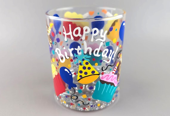 Happy Birthday Scotch Glass - Hand Painted - Cupcakes, Balloons, Party Hat,  Confetti