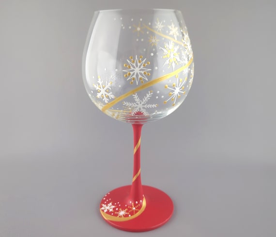 Christmas Snowflakes Hand Painted Wine Glass - White & Gold Snow Flakes with Red Base - Stemmed - Pretty Winter Wine Glass
