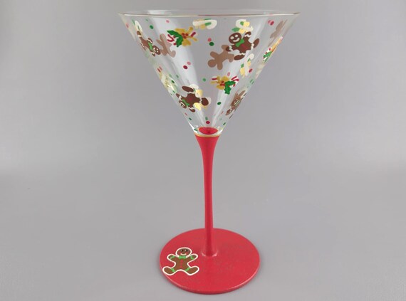 Christmas Gingerbread Cookie Martini Glass - Candy Cane & Holly - Hand Painted - Festive Holiday Cocktail Glass