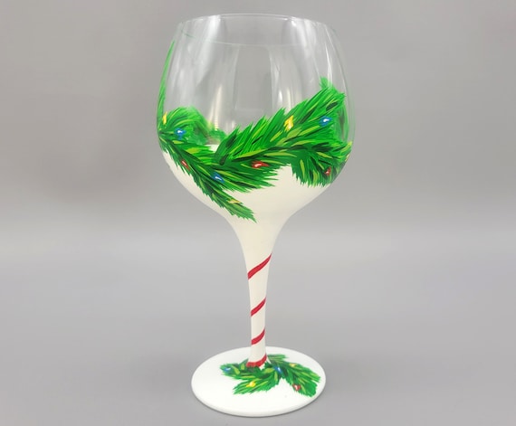 Christmas Garland & Lights Hand Painted Wine Glass - Winter Themed Holiday Glasses - Snow, Red Ribbon