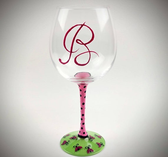 Monogram Personalized Hand Painted Wine Glass, Lady Bug Wine Glasses, Green and Pink Ladybug, Polka Dot, Wine Gift Idea, Spring Theme