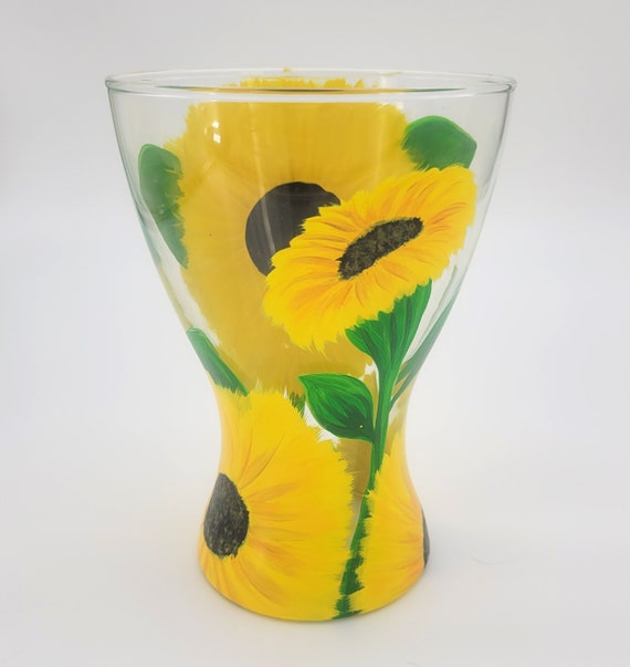 Hand Painted Sunflower Vase - Yellow Summer Flowers - Sunflowers Glass Vase - Home Decor