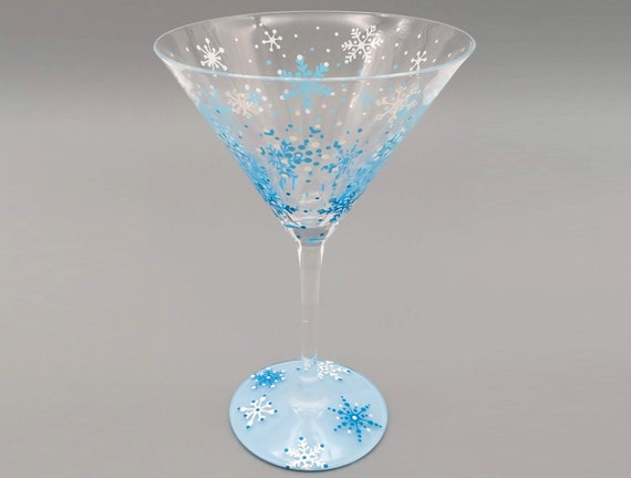 Blue & White Snowflake Martini Glass - Winter Cocktail - Snow Flakes - Hand Painted - Custom Glasses
