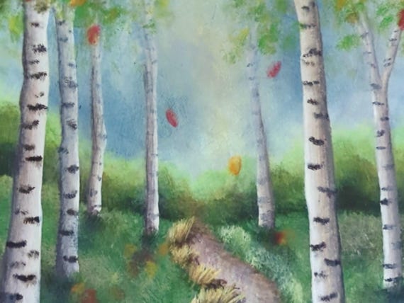 Hand-Painted Birch Tree Wood Slice Art, Peaceful Woodland Landscape, Original Nature Scene