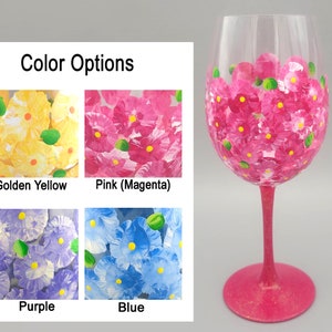 Floral Wine Glass - Hand Painted - Choice of Yellow, Pink, Blue or Purple Flowers - Personalized - Sparkly, Spring & Summer