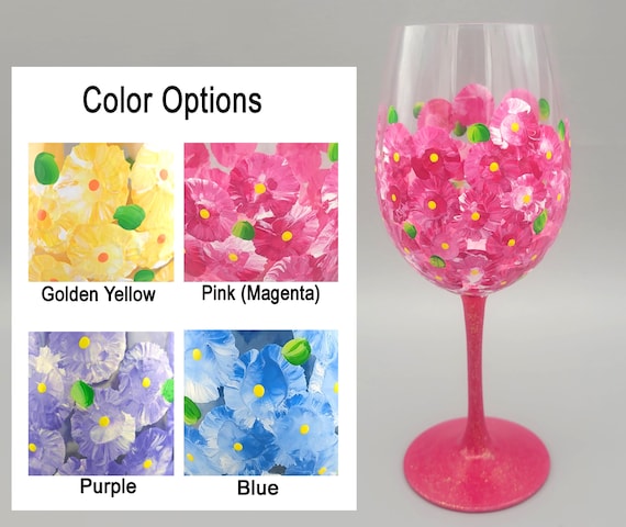 Floral Wine Glass - Hand Painted - Choice of Yellow, Pink, Blue or Purple Flowers - Personalized - Sparkly, Spring & Summer