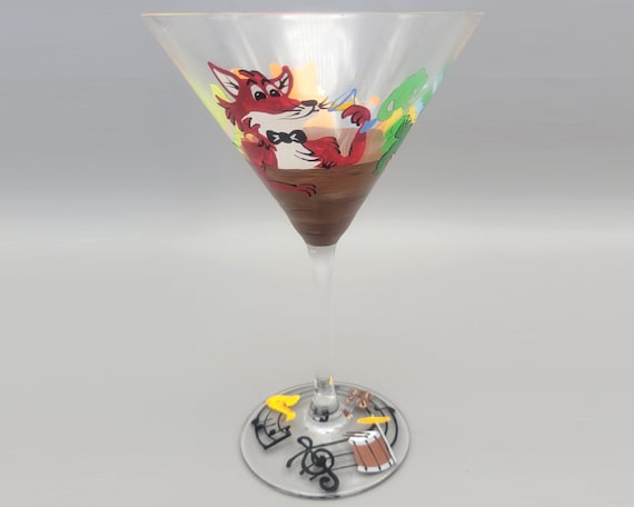 Animal Bar Martini Glass - Hand Painted - Fox, Turtle, Cat & Gecko Partying with the Band - Cocktail Glass