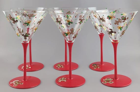 Gingerbread Man Cookie Martini Glasses - Set of 6  - Christmas, Candy Cane, Holly, Festive - Hand Painted - 10 ounce Glasses
