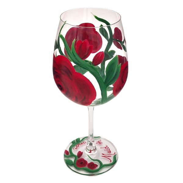 Red Rose Hand Painted Wine Glass - Red Flowers - Gift for Her - Wine Gift Idea - Stemmed or Stemless