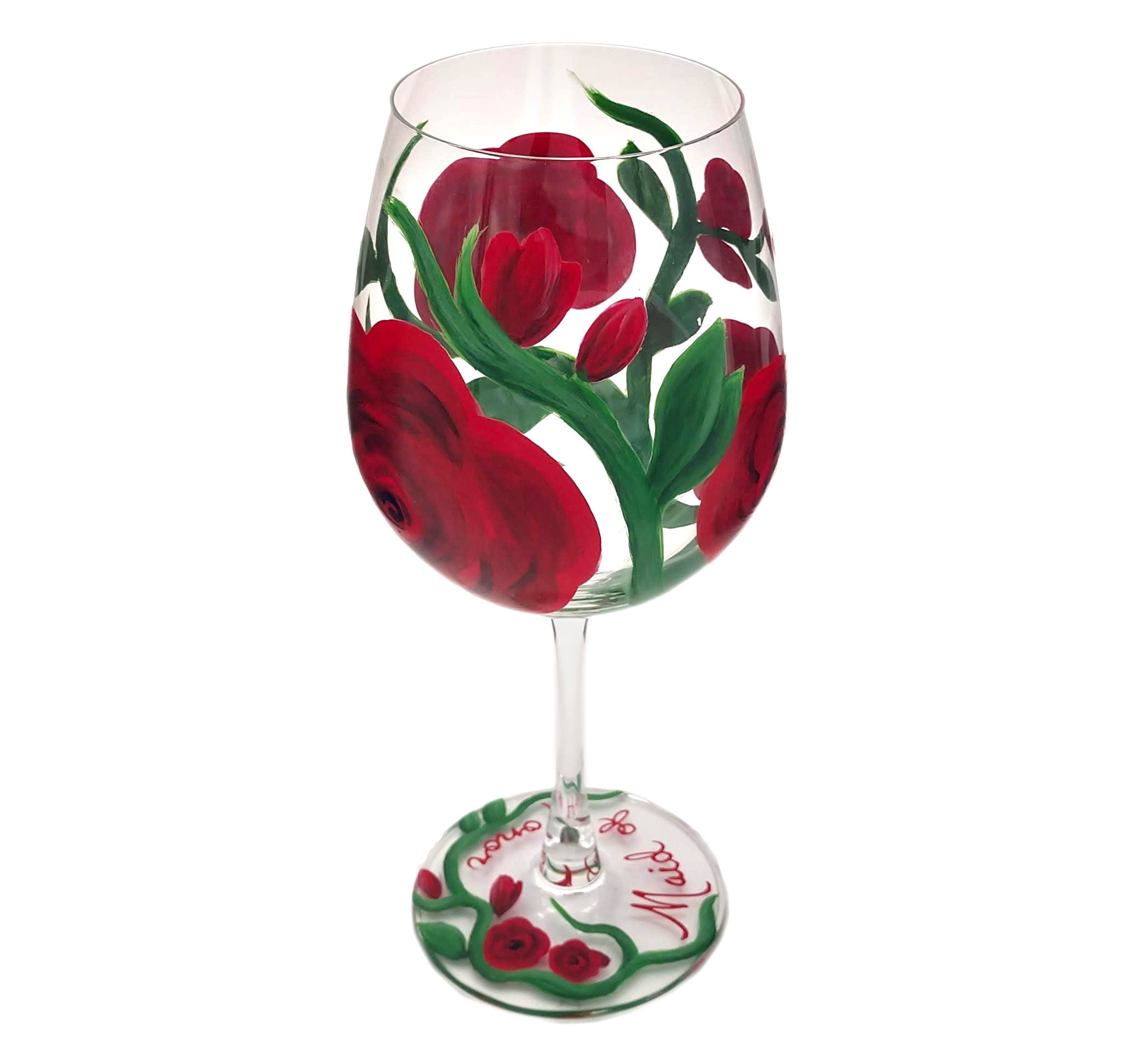 Red and Black Roses Large 25.5 Wine Glasses Set of 2 Hand Painted