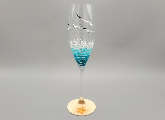 Tropical Beach Champagne Glass - 9 ounce - Tropical, Ocean, Seagulls, Waves - Hand Painted - Shell, Sea Turtle, Starfish