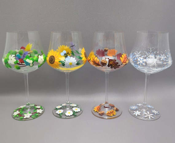 Four Seasons Wine Glass Set - 4 Wine Glasses - Spring, Summer, Fall & Winter - Hand Painted