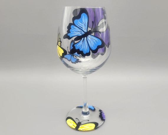 Butterfly Wine Glass - Hand Painted - Colorful Butterflies - Spring, Summer