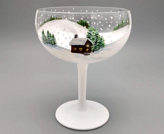 Cozy Winter Cabin Margarita Glass - Cocktail - Hand Painted - Large, 15.75 oz - Pine Trees, Snow Scene
