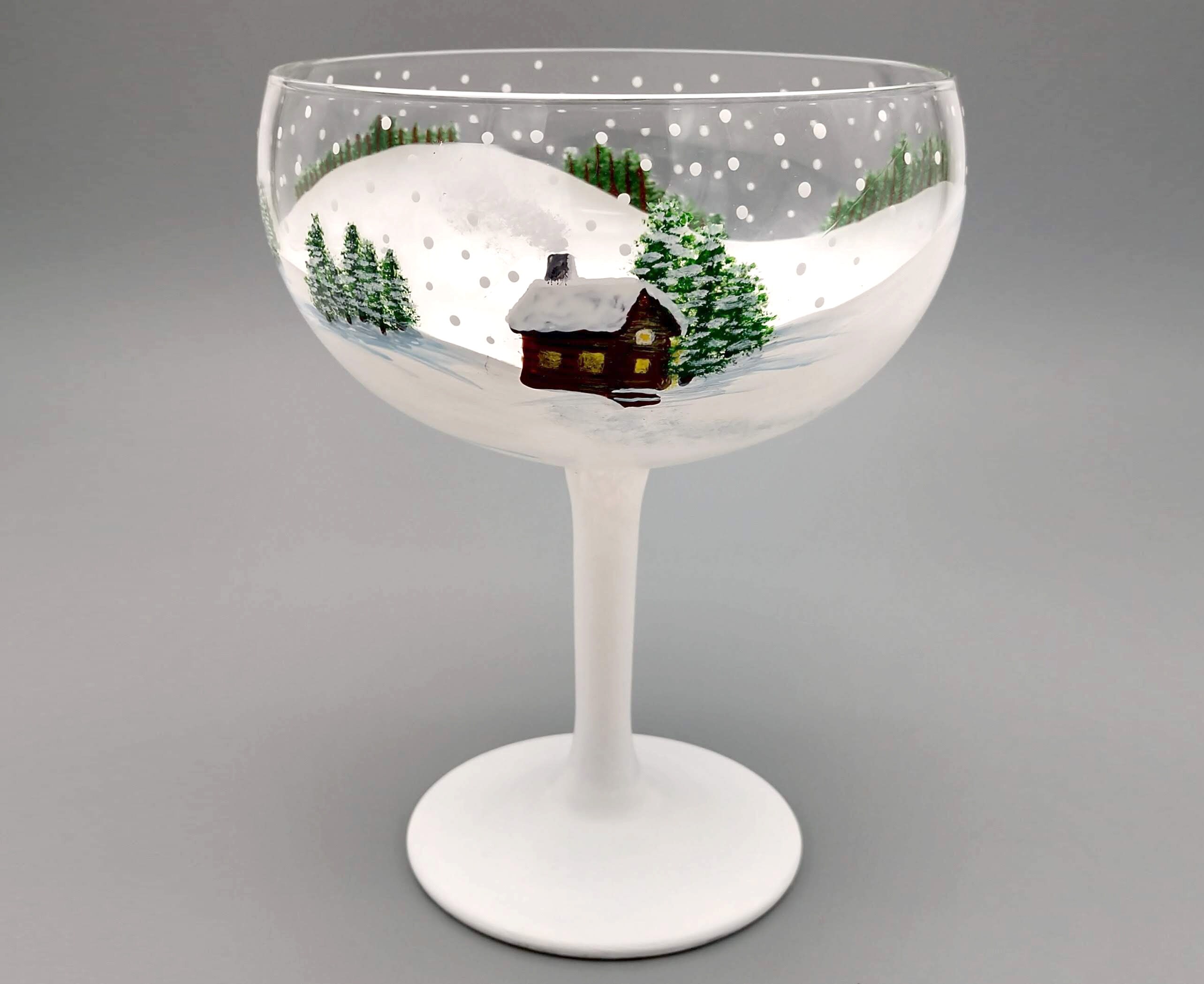 Cozy Winter Cabin Margarita Glass - Cocktail Peint à La Main Grand, 16, 75 Oz Pins, Scène de Neige