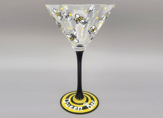 Queen Bee Martini Glass - Hand Painted - Bumble Bees, Yellow and Black - Cocktail Glass
