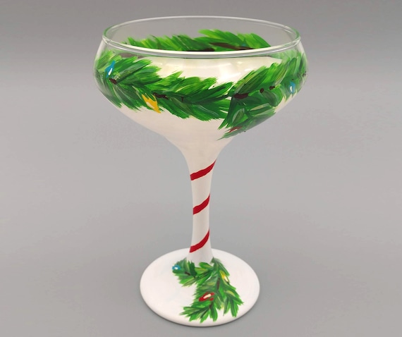 Christmas Coupe Cocktail Glass - Festive Holiday Garland and Lights - Hand Painted