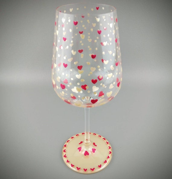 Valentine wine glass, Heart Themed Hand Painted Wine Glasses Gift for Her Anniversary Valentine's Day Birthday Gift for Woman
