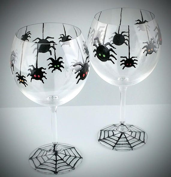 Hanging Spiders Halloween Hand Painted Wine Glasses Glass Etsy