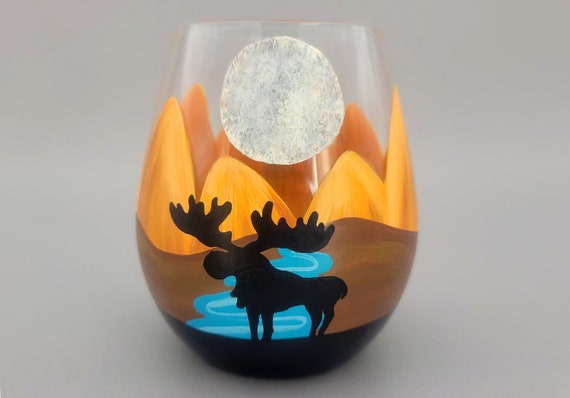 Moose Scene Stemless Wine Glass - Hand Painted - Mountains, River, Moon, Pine Trees, Outdoors - Nature Theme