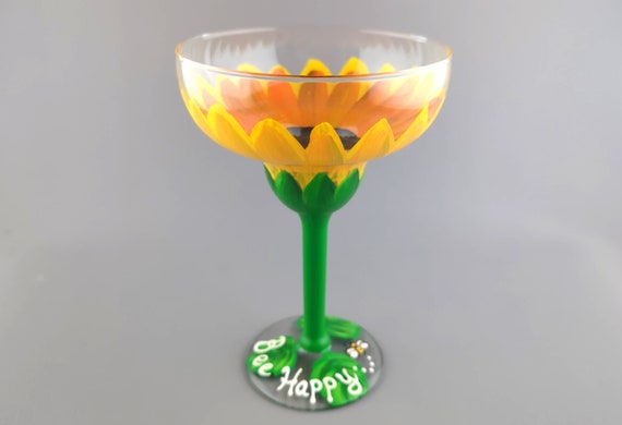 Sunflower Margarita Glass - Hand Painted - Large, Bright Flower - Summer Cocktail Glass