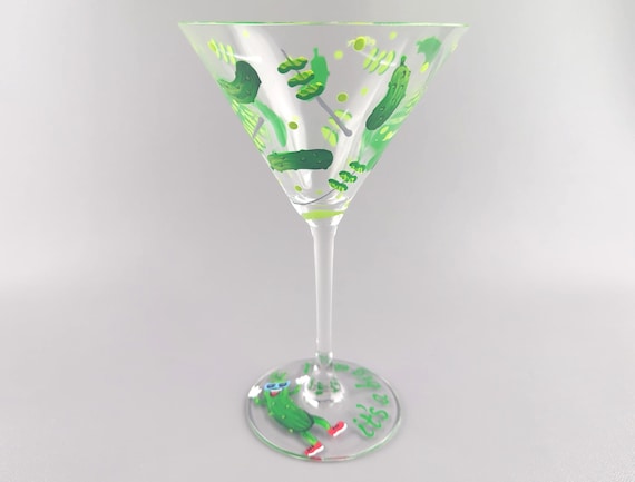 Pickle Themed Martini Glass - Hand Painted - Pickletini, Fun & Cute Dill Pickles