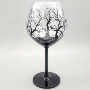 Halloween Spooky Tree Wine Glass - Hand Painted - Stark, Bare Tree in Glossy Black - Stemmed - Gothic
