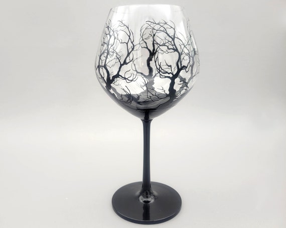 Halloween Spooky Tree Wine Glass - Hand Painted - Stark, Bare Tree in Glossy Black - Stemmed - Gothic
