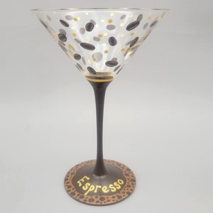 Espresso Themed Martini Glass - Hand Painted - Great Gift for Espresso or Coffee Lovers! - Coffee Beans, Foam