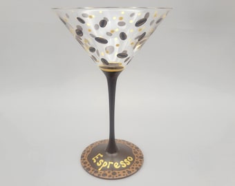 Espresso Themed Martini Glass - Hand Painted - Great Gift for Espresso or Coffee Lovers! - Coffee Beans, Foam