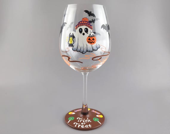 Trick or Treating Ghost Hand Painted Wine Glass - Cute Halloween Barware - Ghost, Bats, Candy