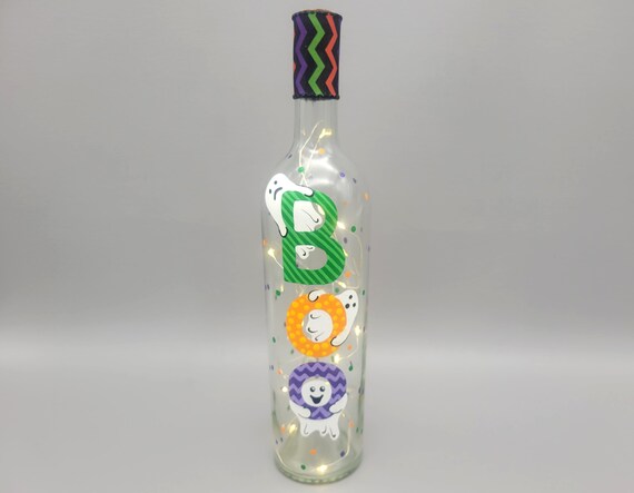 BOO Ghost Halloween Themed Lighted Wine Bottle - Hand Painted - Upcycled, Recycled - Fairy Lights - Fun & Cute
