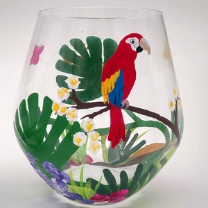 Tropical Theme Stemless Wine Glass - Hand Painted - Parrot,Gecko, Lizard, Flowers, Paradise