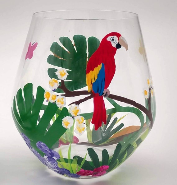 Tropical Theme Stemless Wine Glass - Hand Painted - Parrot,Gecko, Lizard, Flowers, Paradise