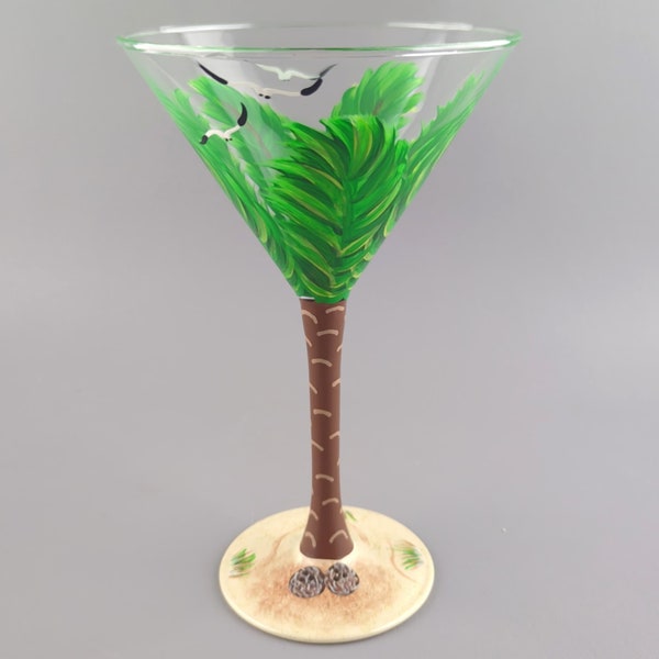 Hand Painted Tropical Martini Glass - Palm Tree, Sand, Coconuts, Seagulls - Beach Themed - Summer Cocktail