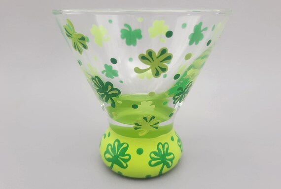 St. Patrick's Day Cosmo Martini Glass - Hand Painted - Fun Green Clovers - 8 ounce Capacity