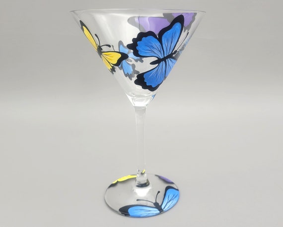 Butterfly Martini Glass - Hand Painted - Colorful, Pretty Butterflies - Summer Cocktail