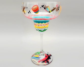 Salsa Dance Themed Margarita Glass - Hand Painted - Bright & Colorful, Fun Cocktail Glass