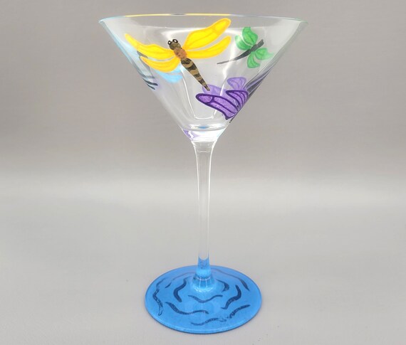 Dragonfly Martini Glass - Hand Painted - Colorful, Sparkly - Sparkling Blue Water Base - Summer Cocktail