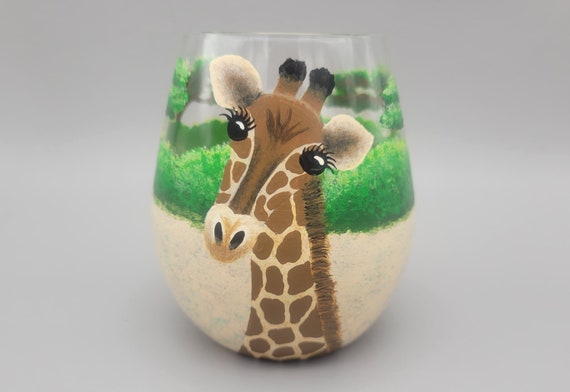 Giraffe Hand Painted Wine Glass - Stemless - African Safari, Animals, Nature - 20 oz - Beautiful Acacia Trees, Savanna